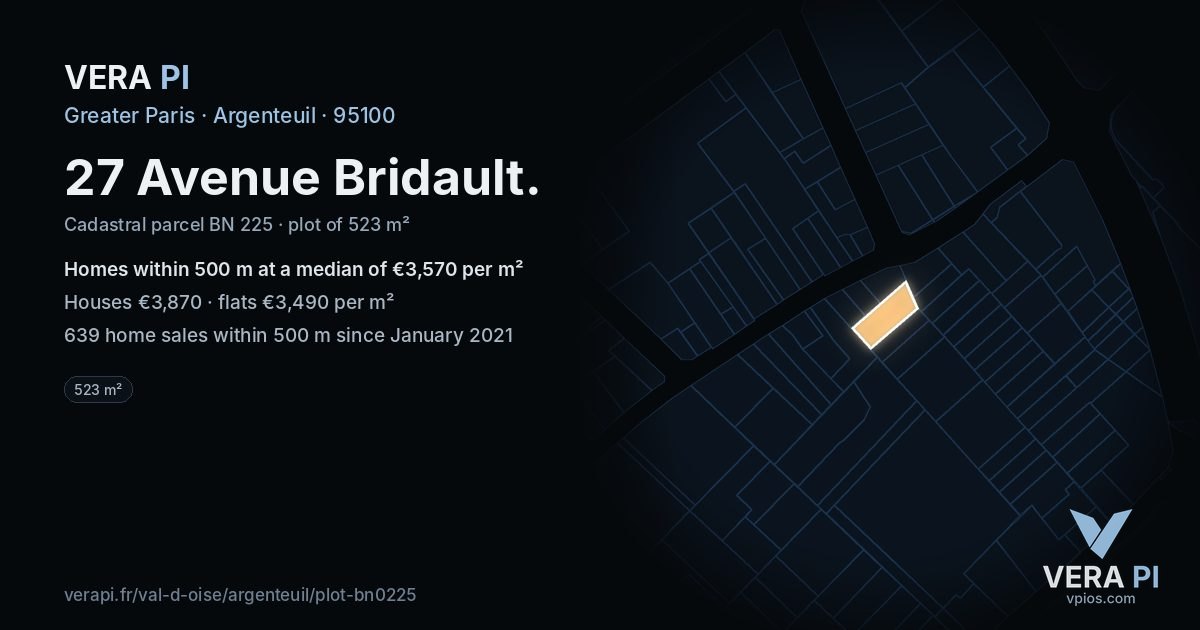 27 Avenue Bridault, Argenteuil at night – the plot lit, the parcels around coloured by the prices near them