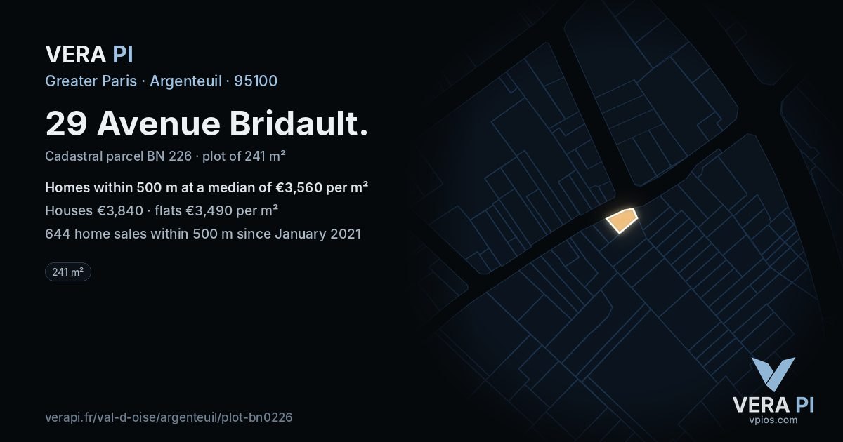 29 Avenue Bridault, Argenteuil at night – the plot lit, the parcels around coloured by the prices near them
