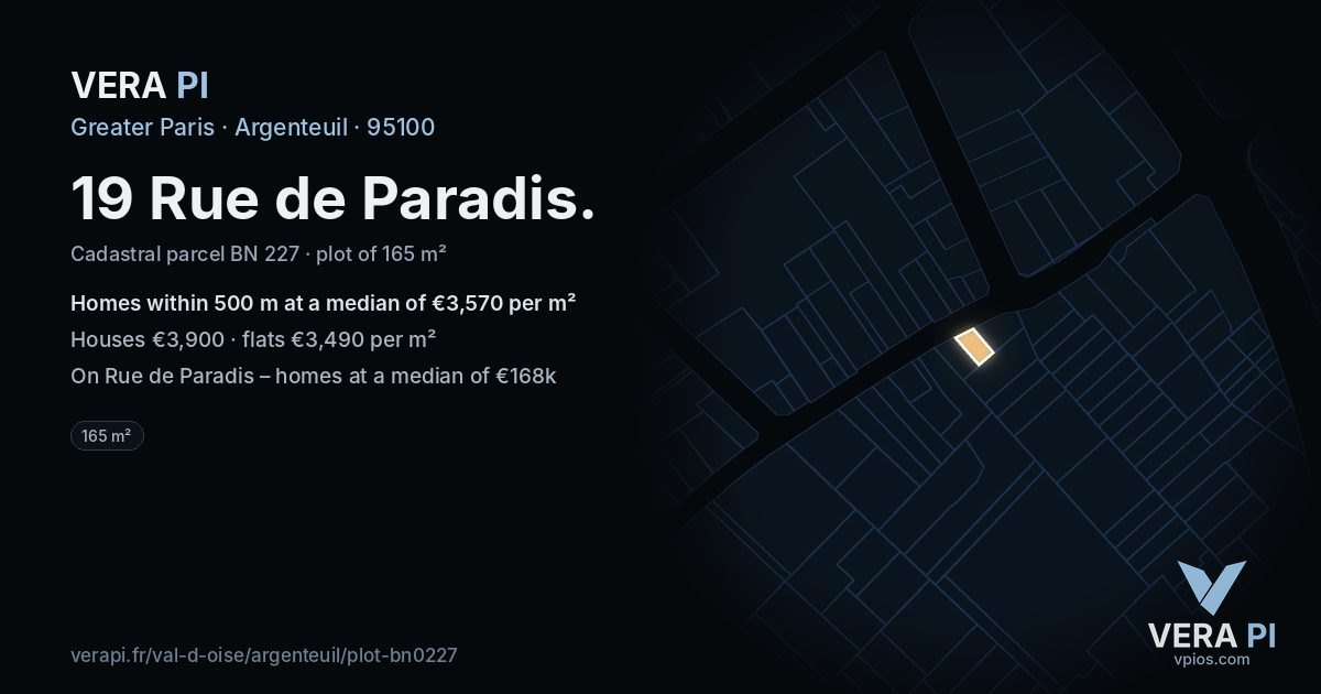 19 Rue de Paradis, Argenteuil at night – the plot lit, the parcels around coloured by the prices near them