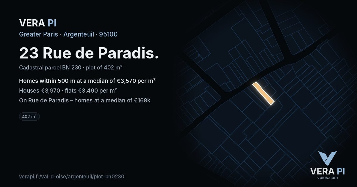 23 Rue de Paradis, Argenteuil at night – the plot lit, the parcels around coloured by the prices near them