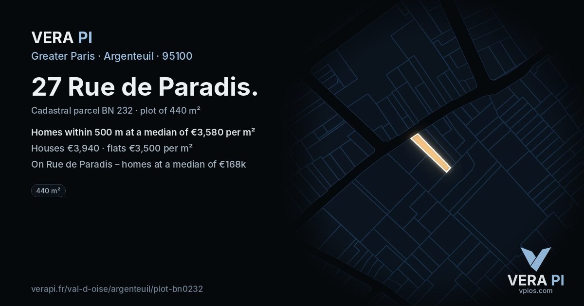 27 Rue de Paradis, Argenteuil at night – the plot lit, the parcels around coloured by the prices near them