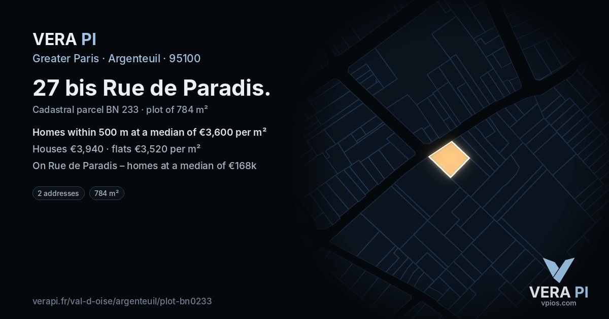 27 bis Rue de Paradis, Argenteuil at night – the plot lit, the parcels around coloured by the prices near them