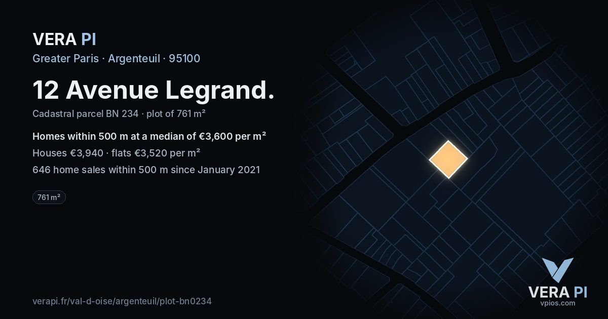 12 Avenue Legrand, Argenteuil at night – the plot lit, the parcels around coloured by the prices near them