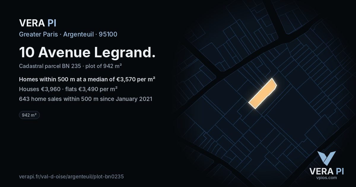 10 Avenue Legrand, Argenteuil at night – the plot lit, the parcels around coloured by the prices near them