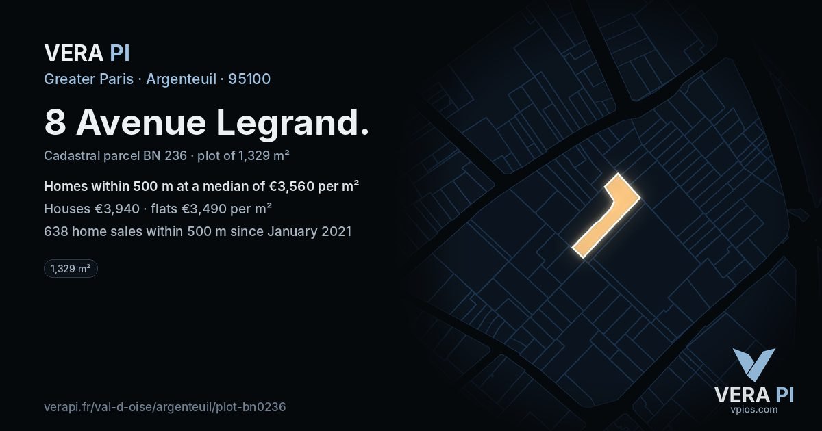 8 Avenue Legrand, Argenteuil at night – the plot lit, the parcels around coloured by the prices near them