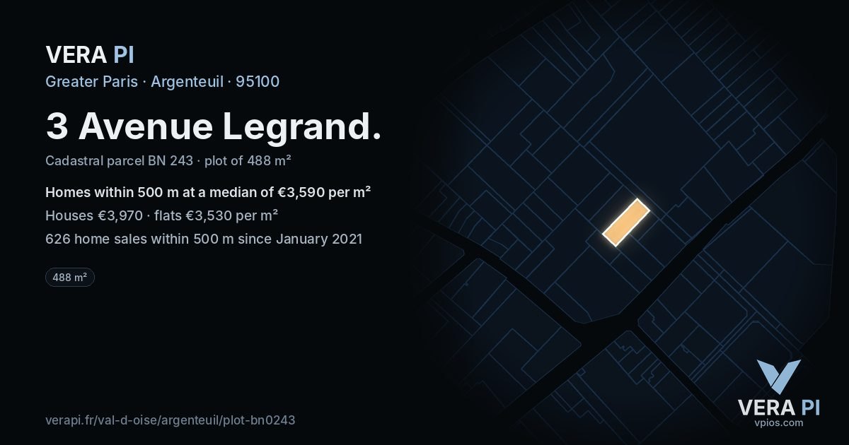 3 Avenue Legrand, Argenteuil at night – the plot lit, the parcels around coloured by the prices near them