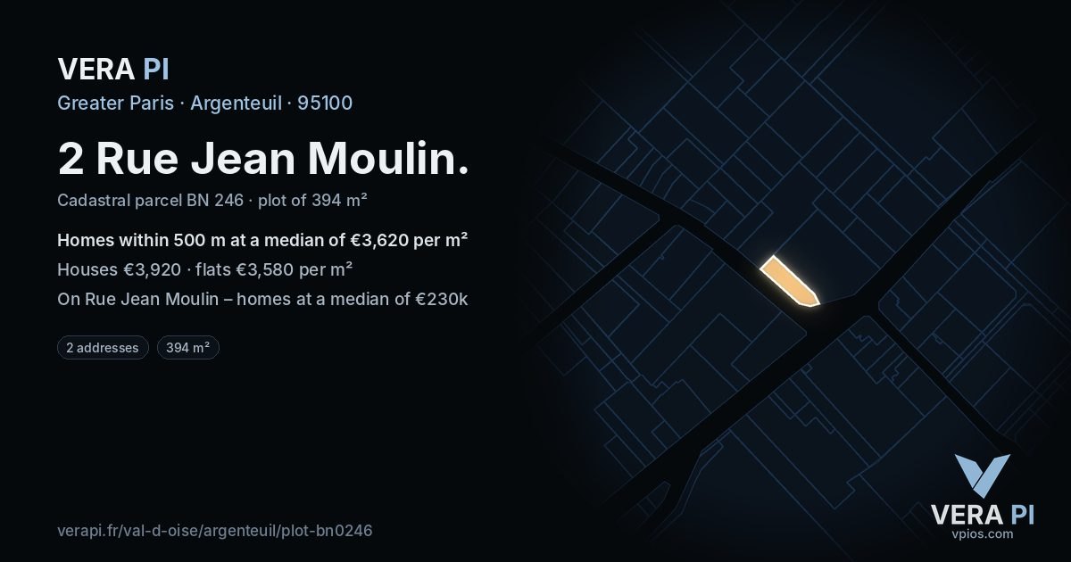 2 Rue Jean Moulin, Argenteuil at night – the plot lit, the parcels around coloured by the prices near them