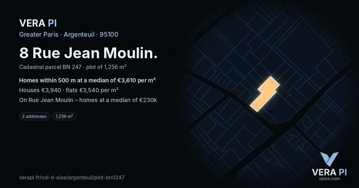 8 Rue Jean Moulin, Argenteuil at night – the plot lit, the parcels around coloured by the prices near them