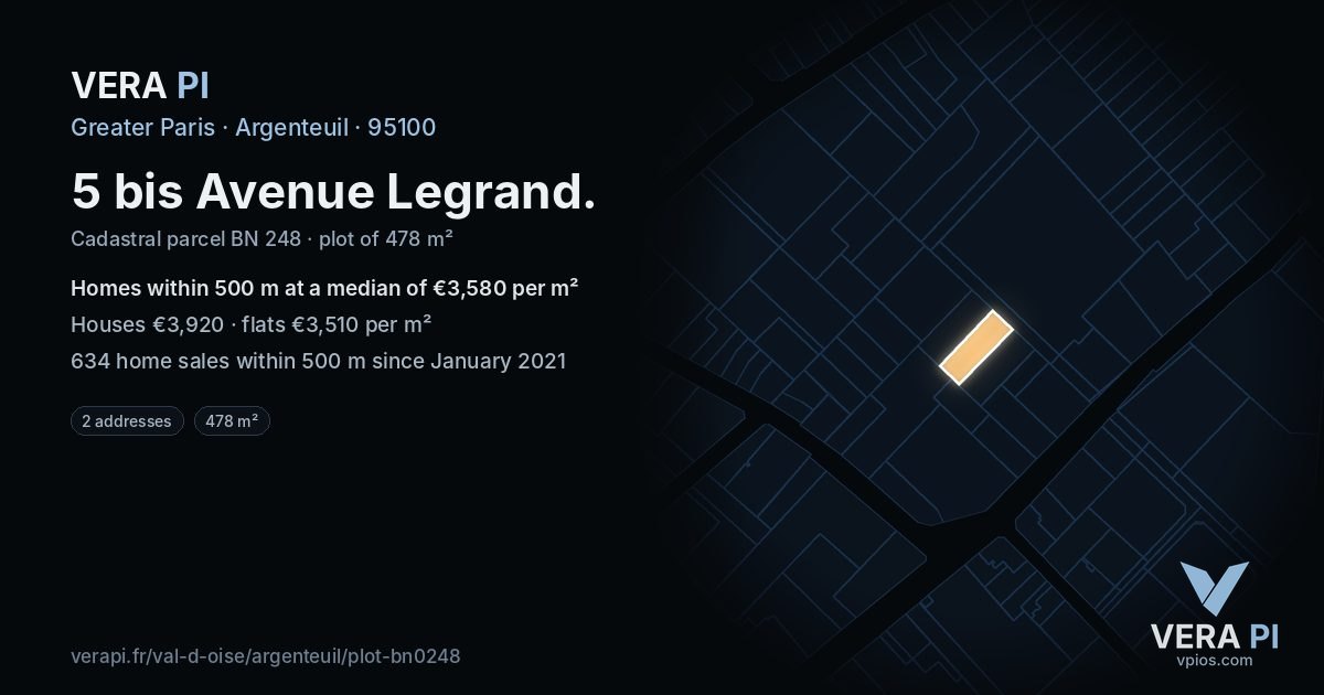 5 bis Avenue Legrand, Argenteuil at night – the plot lit, the parcels around coloured by the prices near them