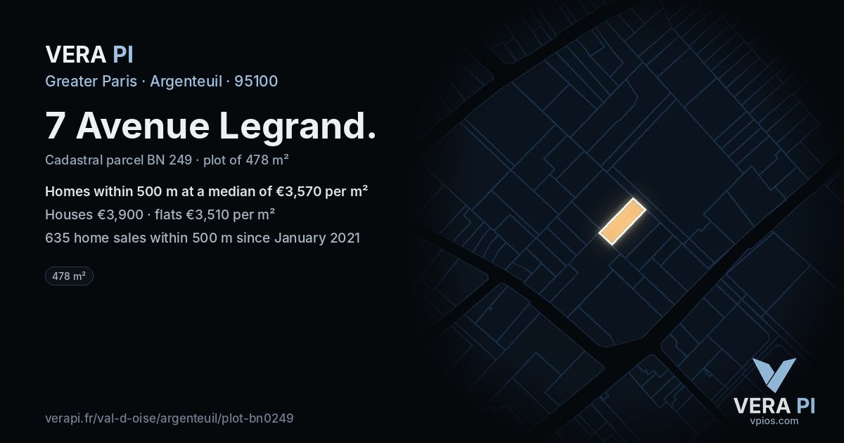 7 Avenue Legrand, Argenteuil at night – the plot lit, the parcels around coloured by the prices near them