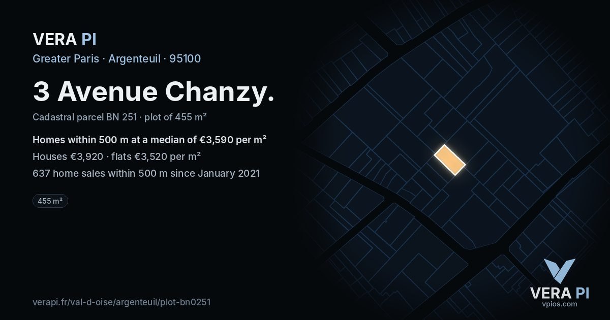 3 Avenue Chanzy, Argenteuil at night – the plot lit, the parcels around coloured by the prices near them