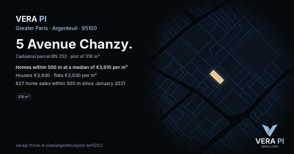 5 Avenue Chanzy, Argenteuil at night – the plot lit, the parcels around coloured by the prices near them