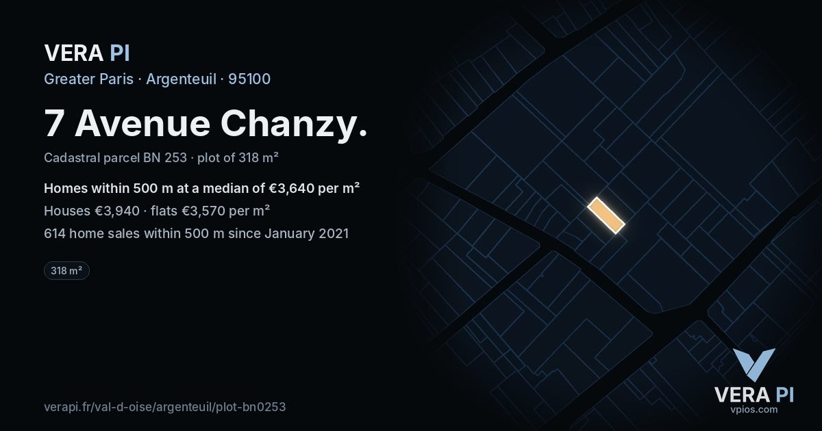 7 Avenue Chanzy, Argenteuil at night – the plot lit, the parcels around coloured by the prices near them