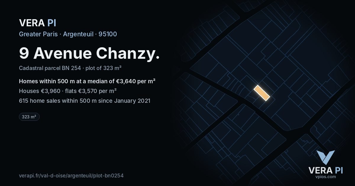 9 Avenue Chanzy, Argenteuil at night – the plot lit, the parcels around coloured by the prices near them