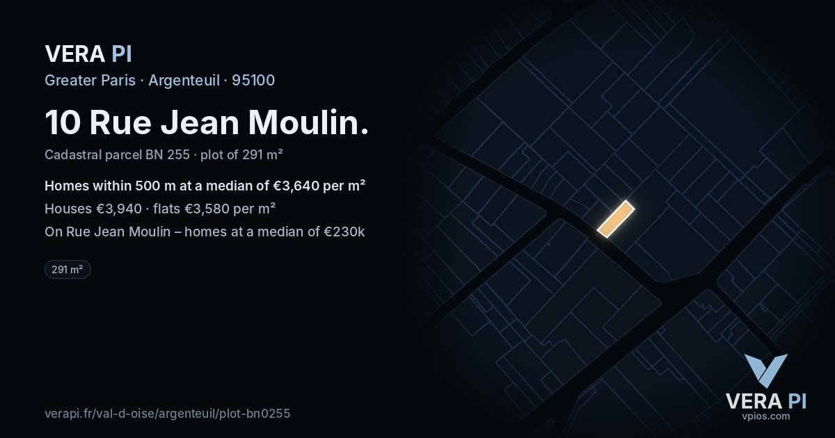 10 Rue Jean Moulin, Argenteuil at night – the plot lit, the parcels around coloured by the prices near them