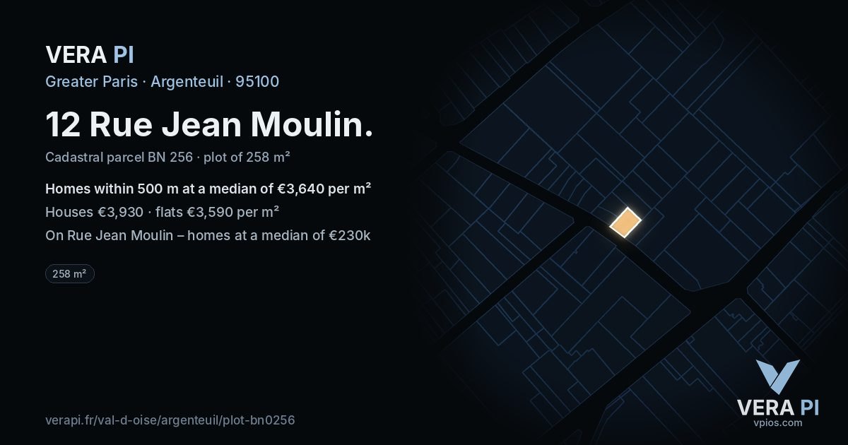 12 Rue Jean Moulin, Argenteuil at night – the plot lit, the parcels around coloured by the prices near them