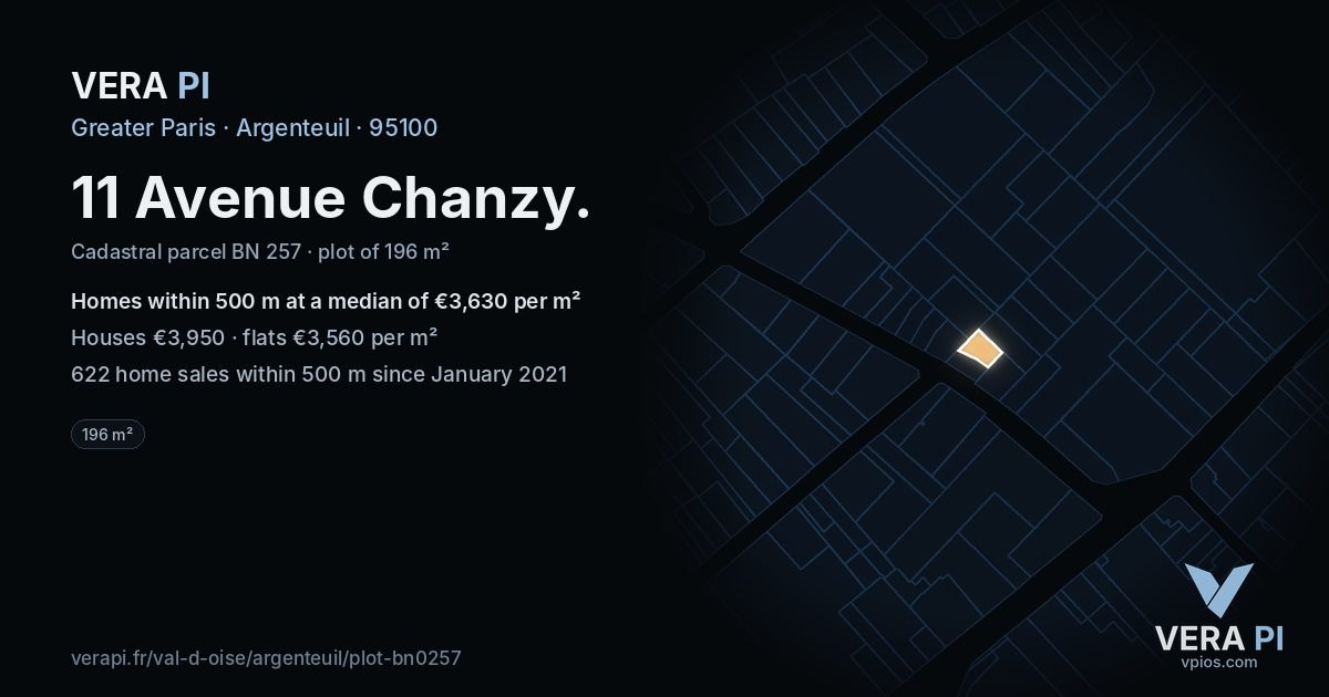 11 Avenue Chanzy, Argenteuil at night – the plot lit, the parcels around coloured by the prices near them