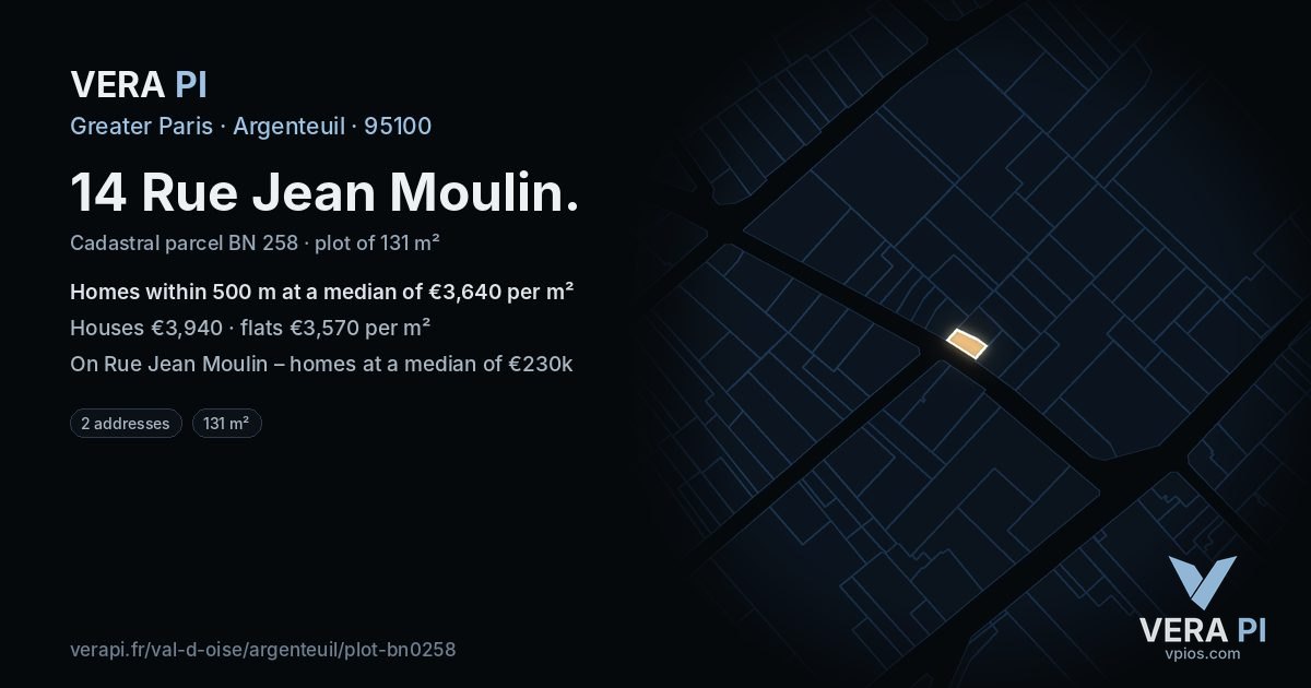 14 Rue Jean Moulin, Argenteuil at night – the plot lit, the parcels around coloured by the prices near them