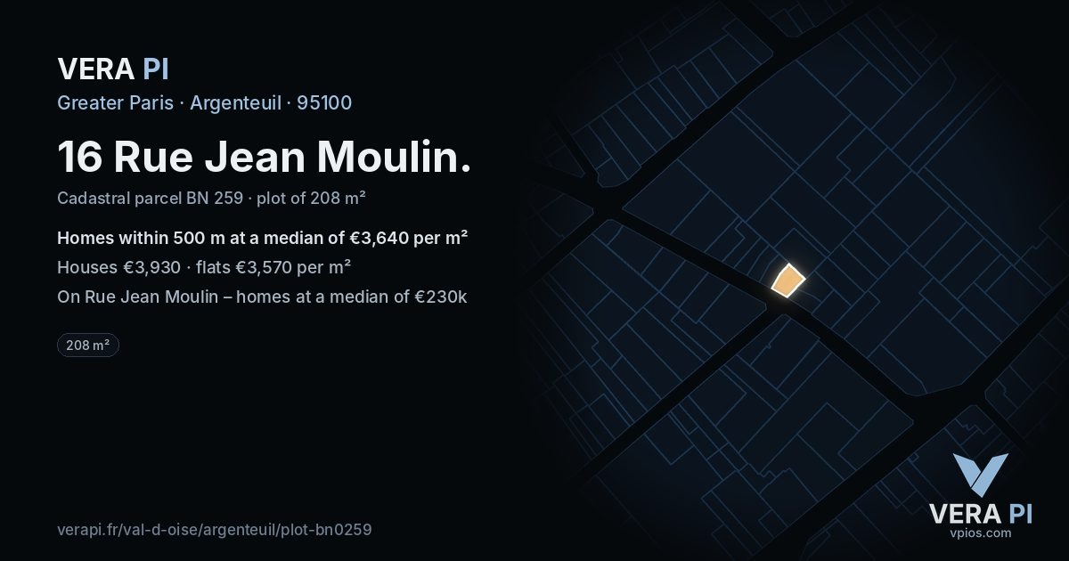 16 Rue Jean Moulin, Argenteuil at night – the plot lit, the parcels around coloured by the prices near them