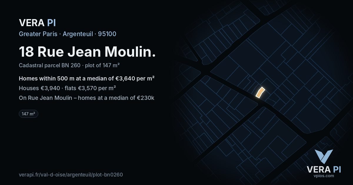 18 Rue Jean Moulin, Argenteuil at night – the plot lit, the parcels around coloured by the prices near them