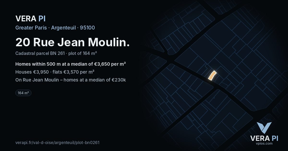 20 Rue Jean Moulin, Argenteuil at night – the plot lit, the parcels around coloured by the prices near them