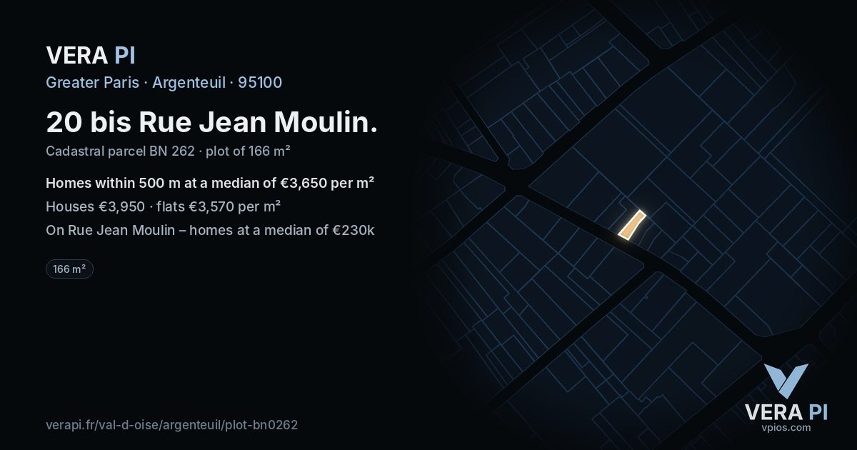 20 bis Rue Jean Moulin, Argenteuil at night – the plot lit, the parcels around coloured by the prices near them
