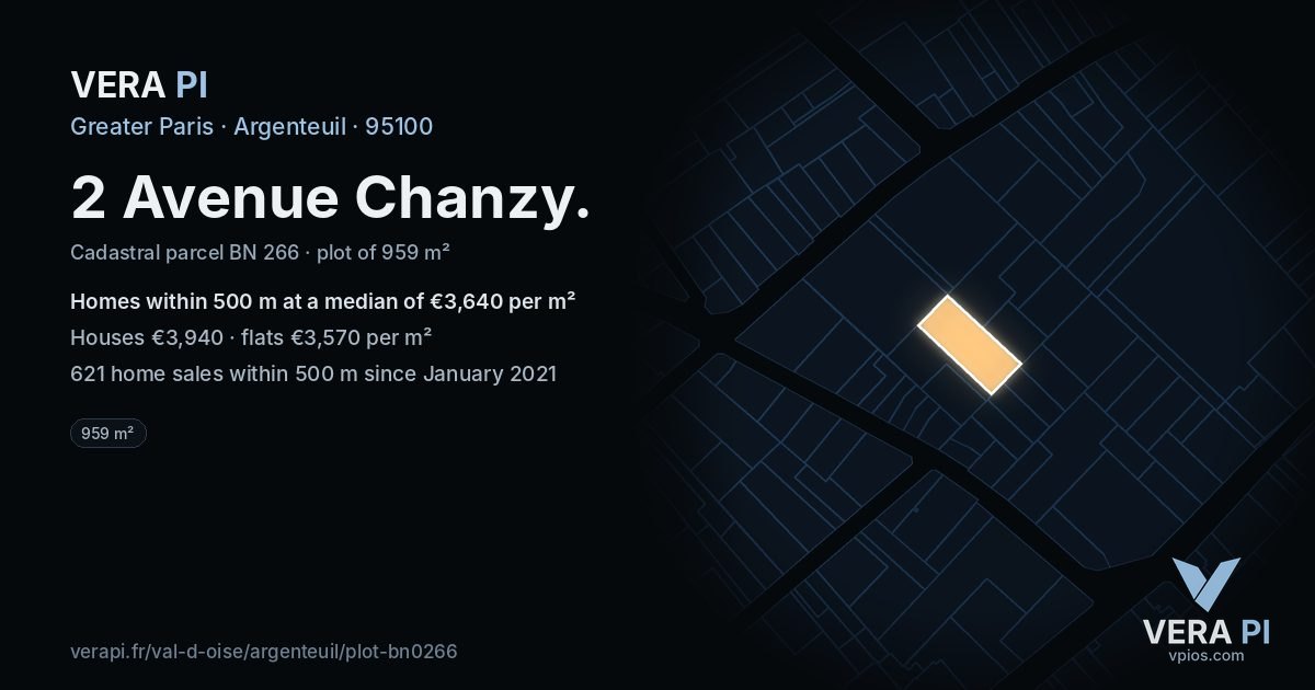 2 Avenue Chanzy, Argenteuil at night – the plot lit, the parcels around coloured by the prices near them