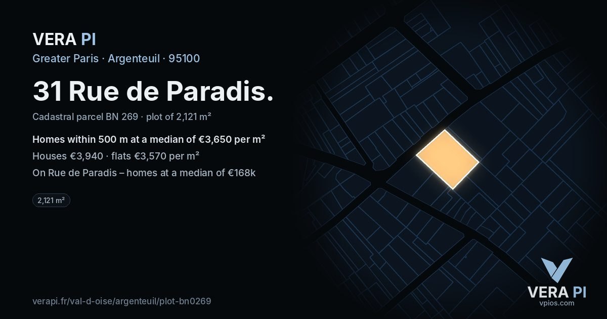 31 Rue de Paradis, Argenteuil at night – the plot lit, the parcels around coloured by the prices near them