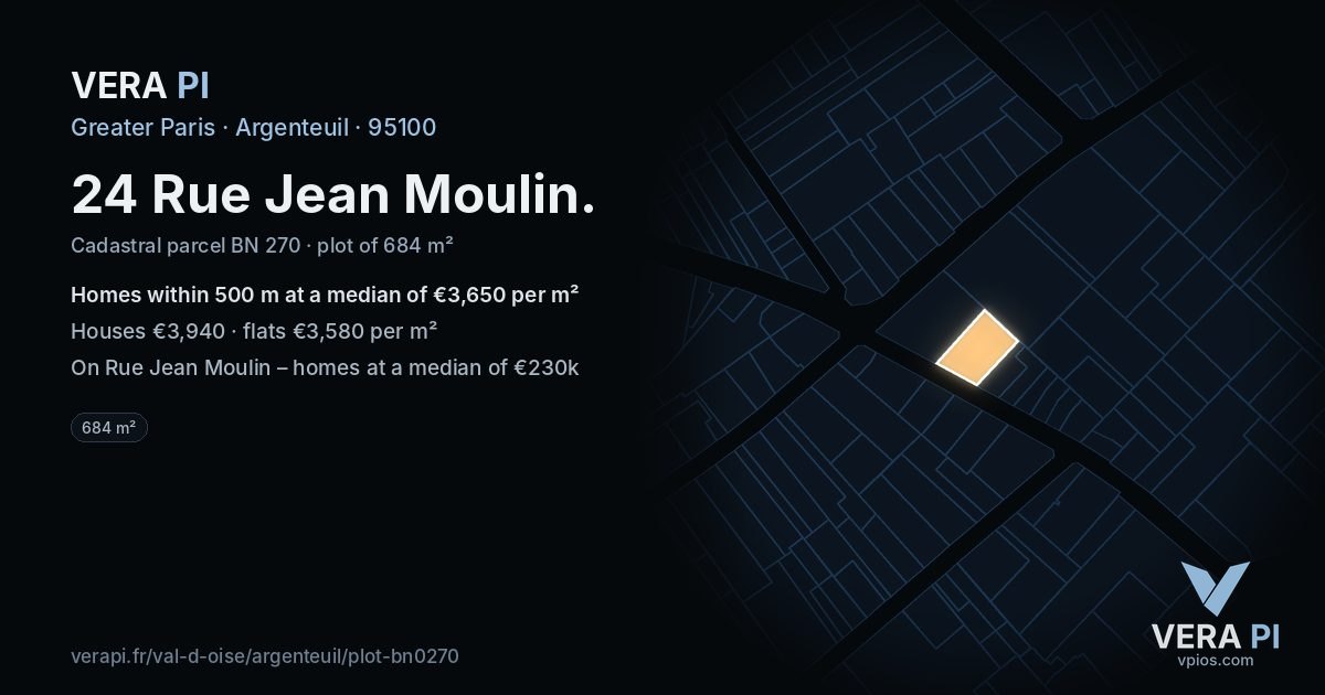 24 Rue Jean Moulin, Argenteuil at night – the plot lit, the parcels around coloured by the prices near them