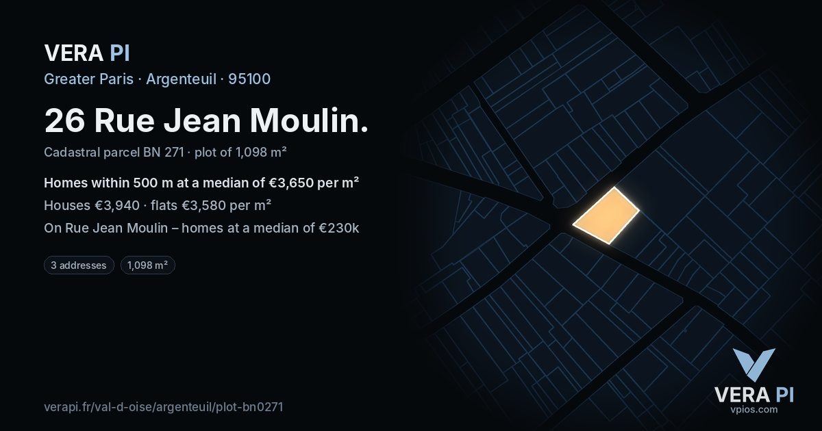 26 Rue Jean Moulin, Argenteuil at night – the plot lit, the parcels around coloured by the prices near them