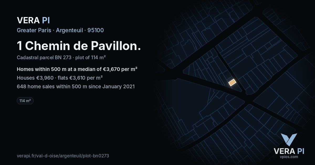 1 Chemin de Pavillon, Argenteuil at night – the plot lit, the parcels around coloured by the prices near them