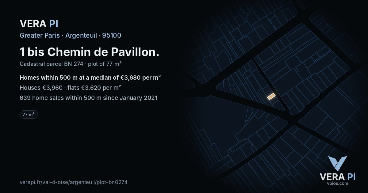1 bis Chemin de Pavillon, Argenteuil at night – the plot lit, the parcels around coloured by the prices near them