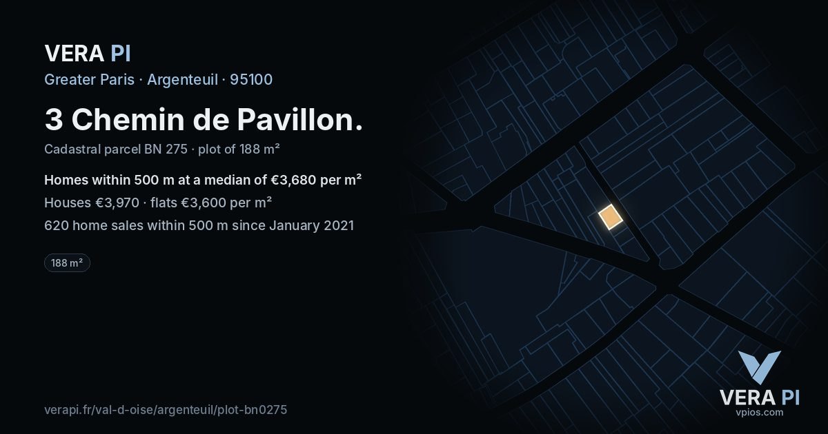 3 Chemin de Pavillon, Argenteuil at night – the plot lit, the parcels around coloured by the prices near them