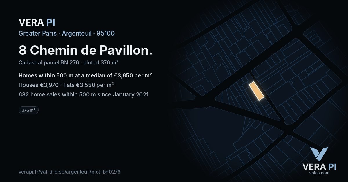 8 Chemin de Pavillon, Argenteuil at night – the plot lit, the parcels around coloured by the prices near them
