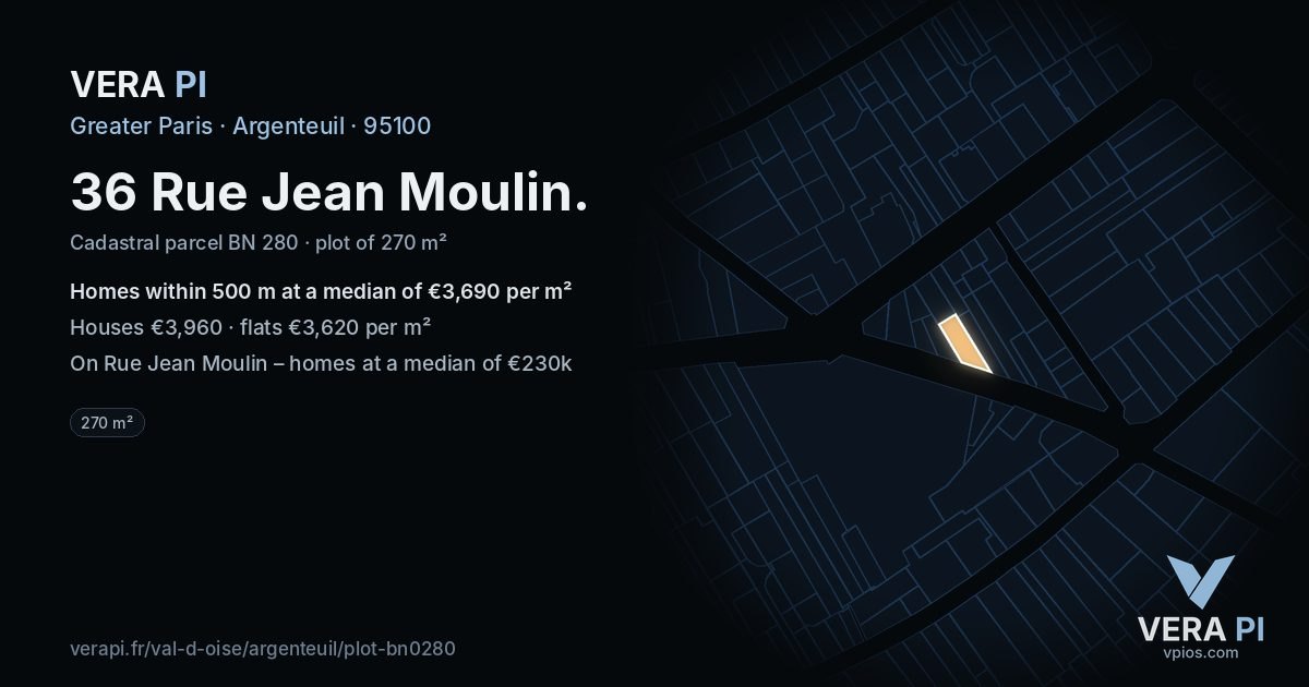 36 Rue Jean Moulin, Argenteuil at night – the plot lit, the parcels around coloured by the prices near them