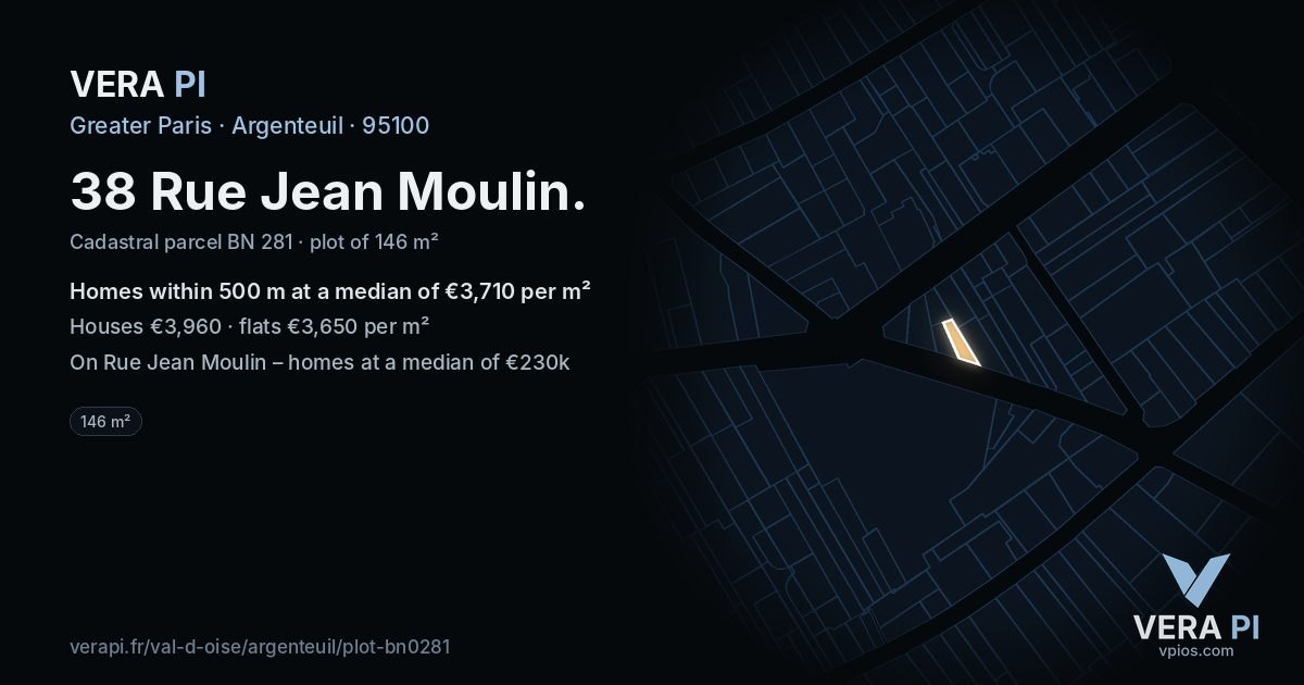 38 Rue Jean Moulin, Argenteuil at night – the plot lit, the parcels around coloured by the prices near them