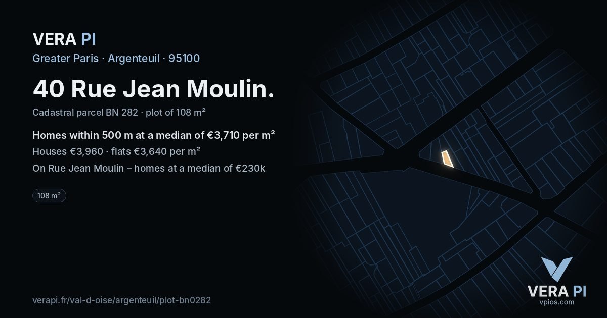 40 Rue Jean Moulin, Argenteuil at night – the plot lit, the parcels around coloured by the prices near them