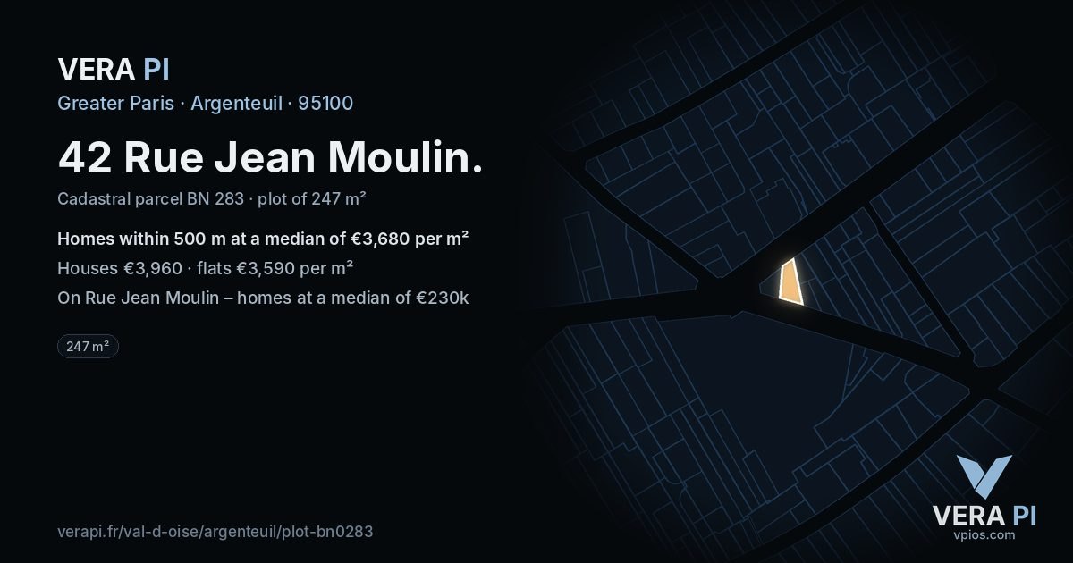 42 Rue Jean Moulin, Argenteuil at night – the plot lit, the parcels around coloured by the prices near them