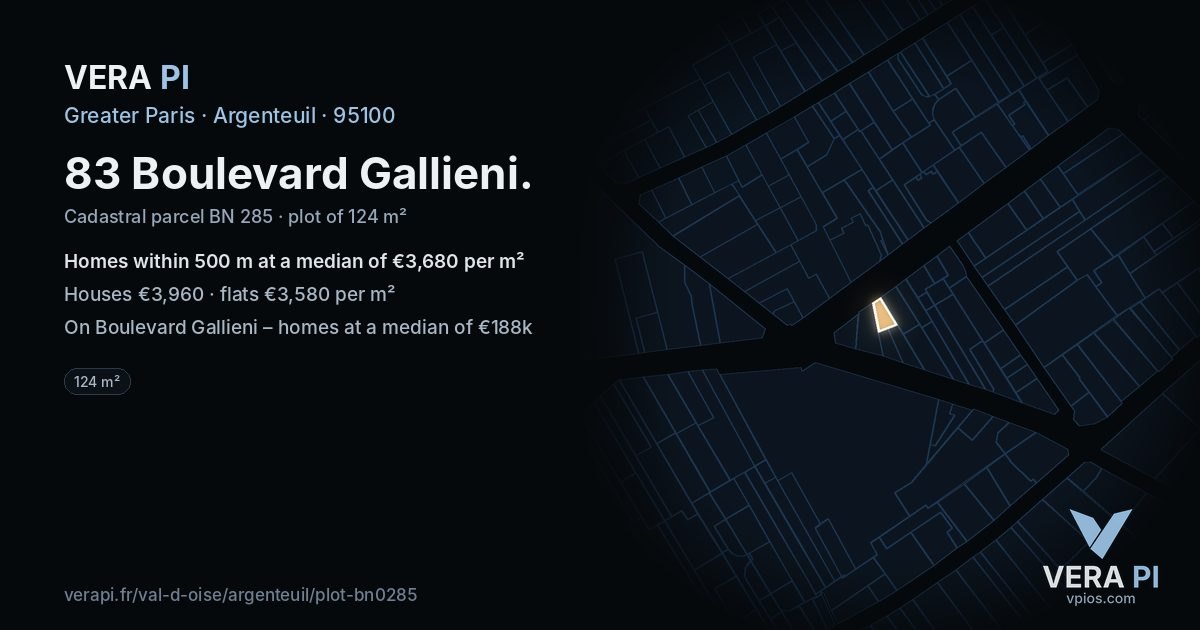 83 Boulevard Gallieni, Argenteuil at night – the plot lit, the parcels around coloured by the prices near them