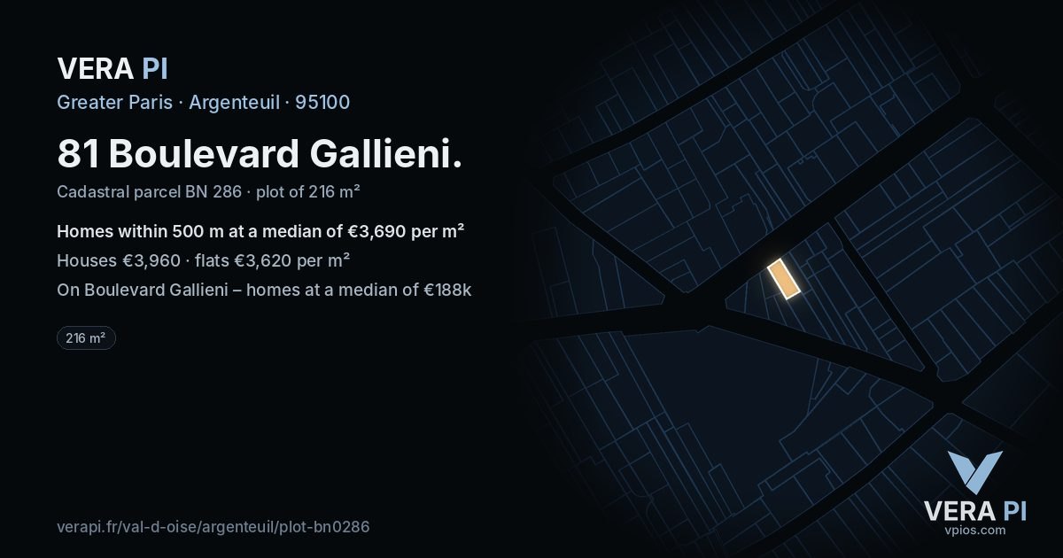 81 Boulevard Gallieni, Argenteuil at night – the plot lit, the parcels around coloured by the prices near them