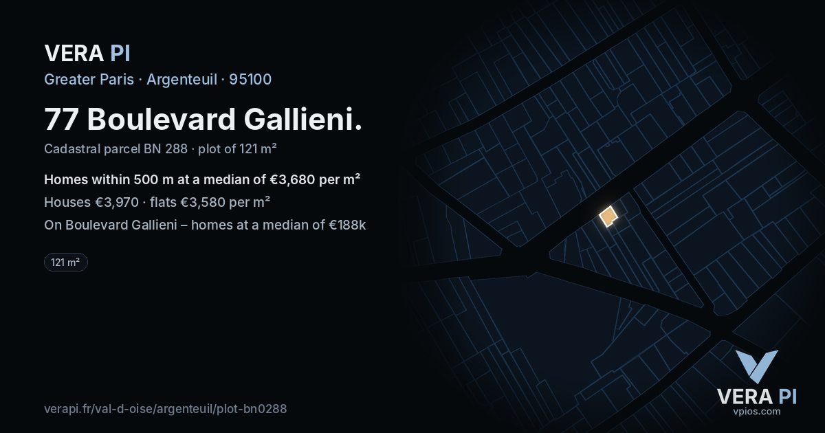 77 Boulevard Gallieni, Argenteuil at night – the plot lit, the parcels around coloured by the prices near them