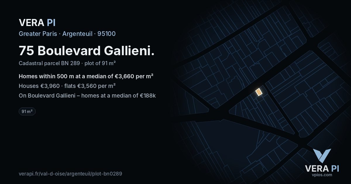 75 Boulevard Gallieni, Argenteuil at night – the plot lit, the parcels around coloured by the prices near them