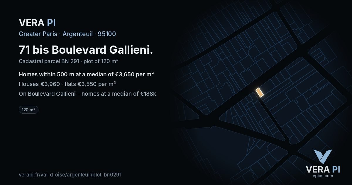 71 bis Boulevard Gallieni, Argenteuil at night – the plot lit, the parcels around coloured by the prices near them