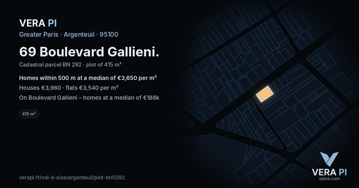 69 Boulevard Gallieni, Argenteuil at night – the plot lit, the parcels around coloured by the prices near them
