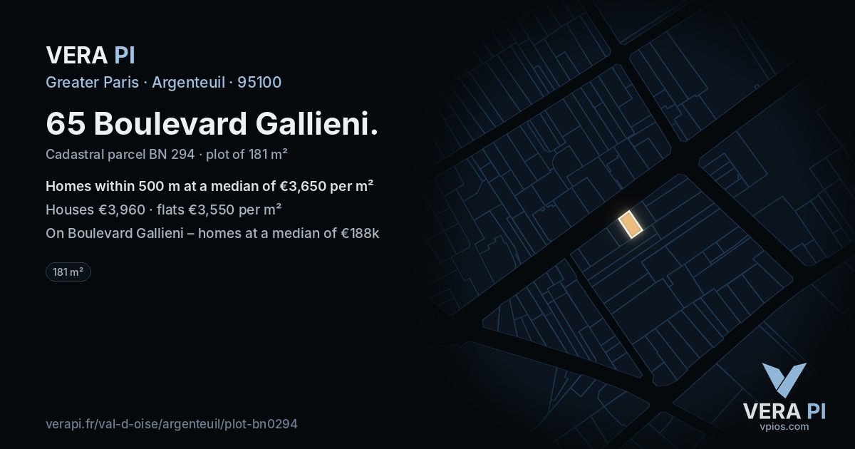 65 Boulevard Gallieni, Argenteuil at night – the plot lit, the parcels around coloured by the prices near them