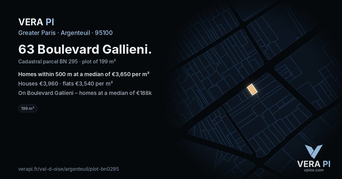 63 Boulevard Gallieni, Argenteuil at night – the plot lit, the parcels around coloured by the prices near them