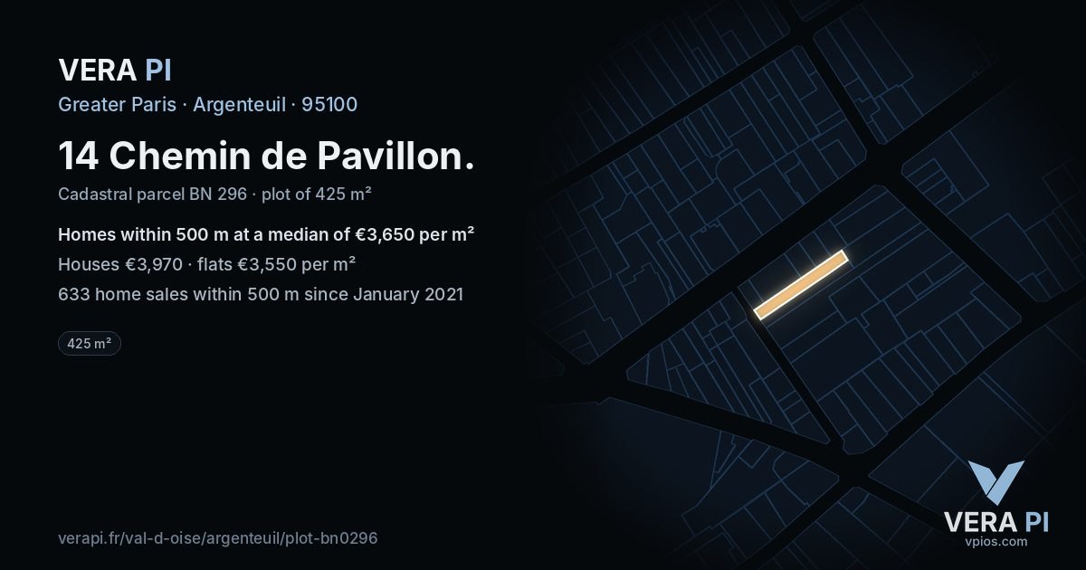 14 Chemin de Pavillon, Argenteuil at night – the plot lit, the parcels around coloured by the prices near them