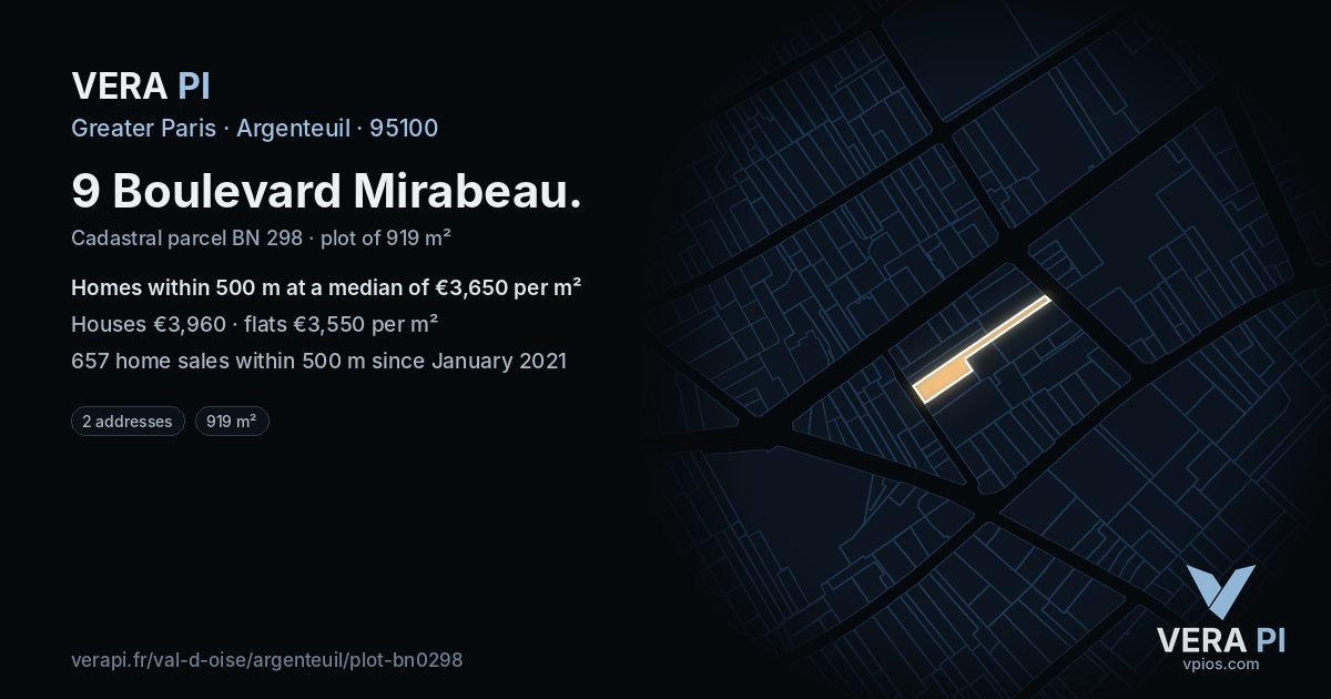 9 Boulevard Mirabeau, Argenteuil at night – the plot lit, the parcels around coloured by the prices near them