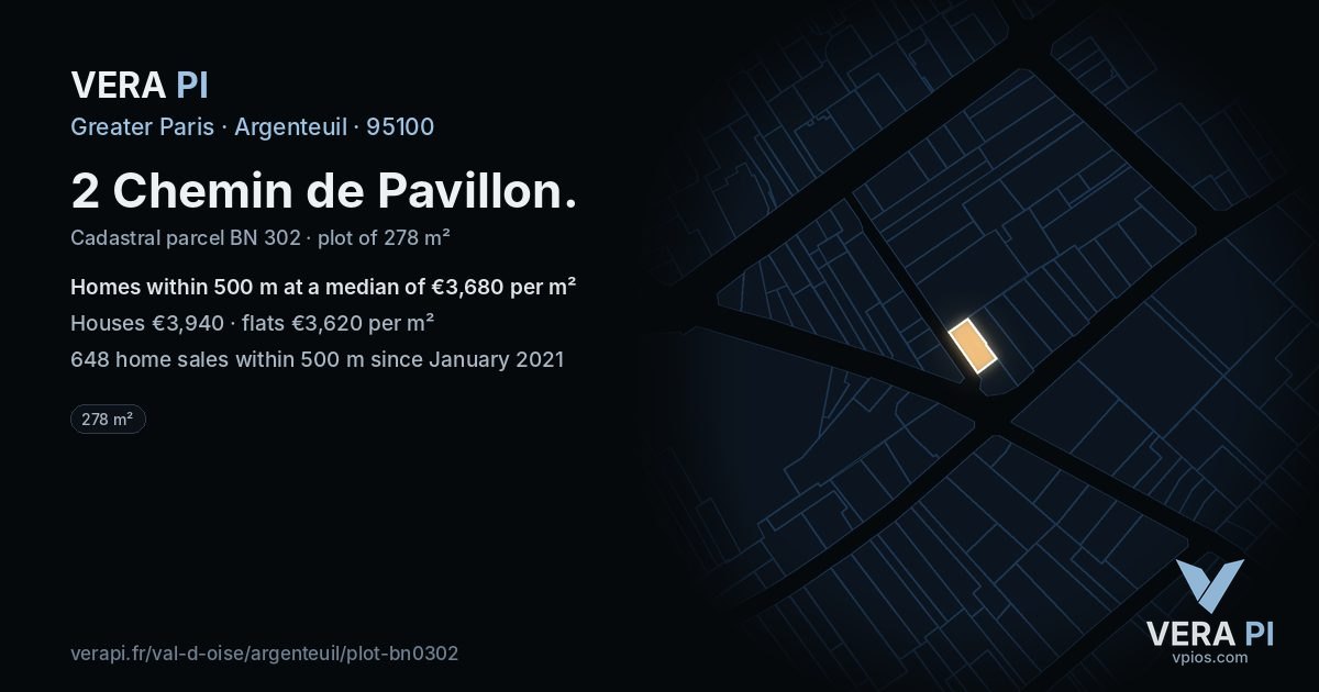 2 Chemin de Pavillon, Argenteuil at night – the plot lit, the parcels around coloured by the prices near them