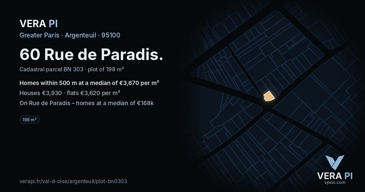 60 Rue de Paradis, Argenteuil at night – the plot lit, the parcels around coloured by the prices near them